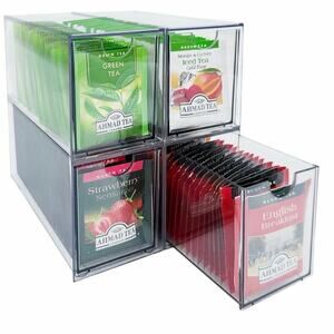 AZEZO 4-Pack Tea Bag Organizer Drawers Clear Acrylic Tea Storage Holder Pantry